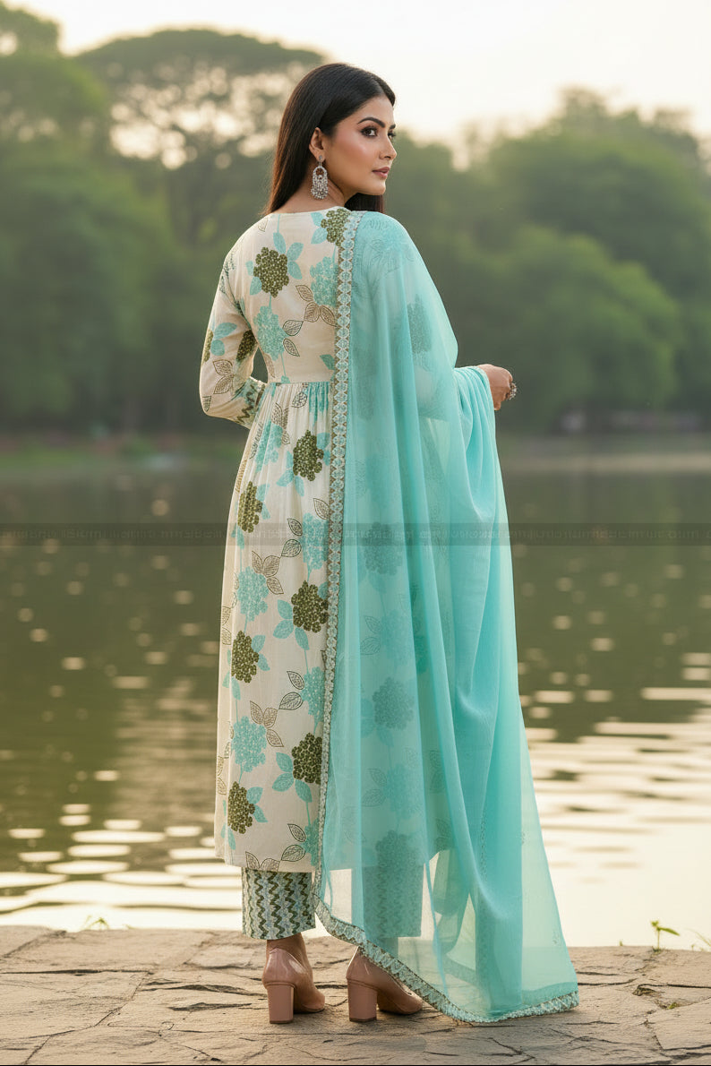 Floral Fantacy White Blue Anarkali Kurti Set