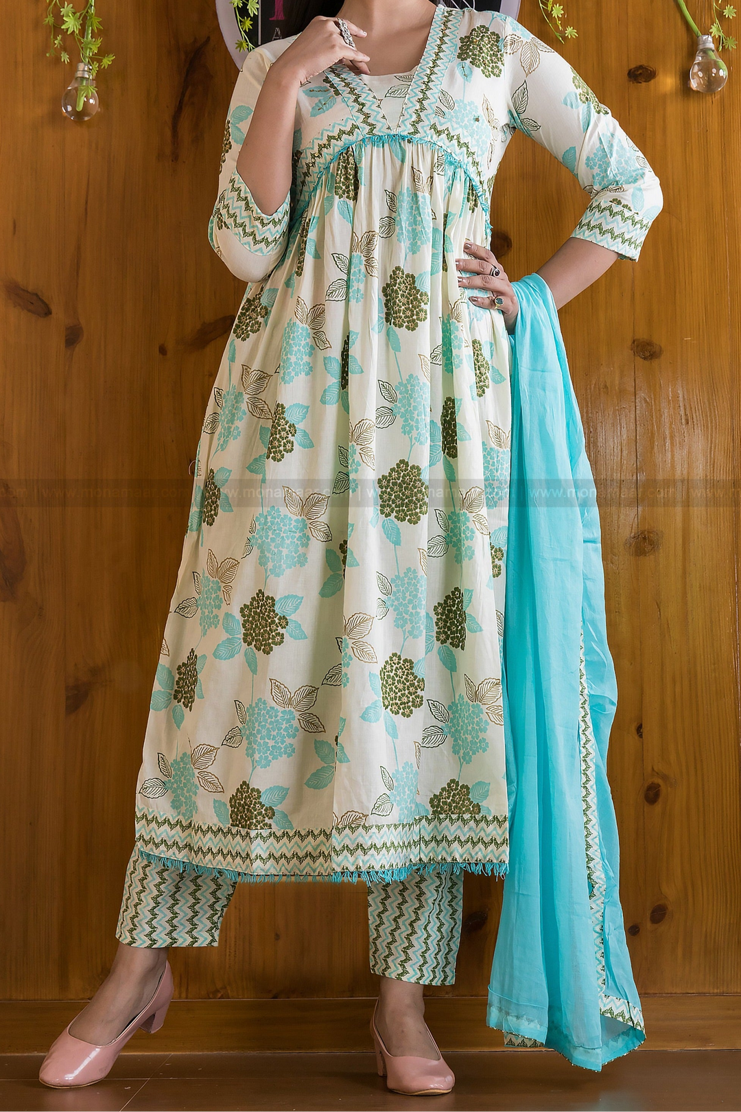 Floral Fantacy White Blue Anarkali Kurti Set