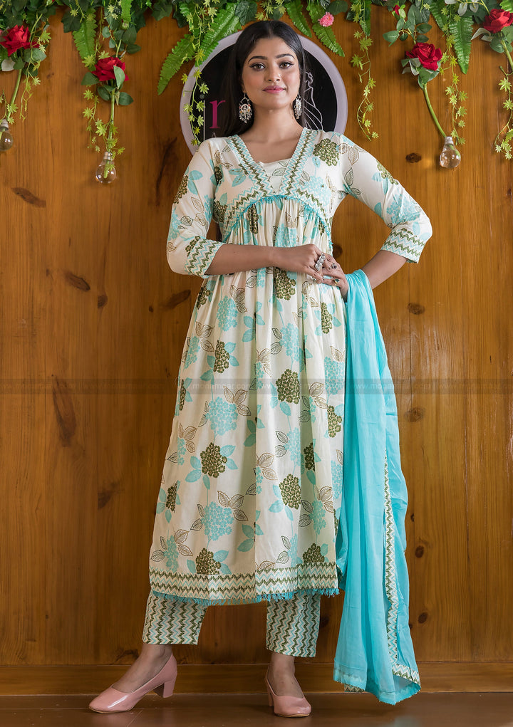 Floral Fantacy White Blue Anarkali Kurti Set