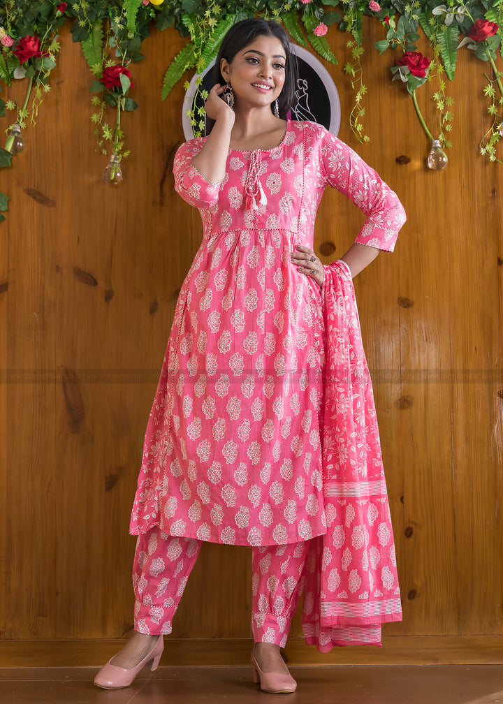 Blushing Pink  Cotton Afghani Kurti Set