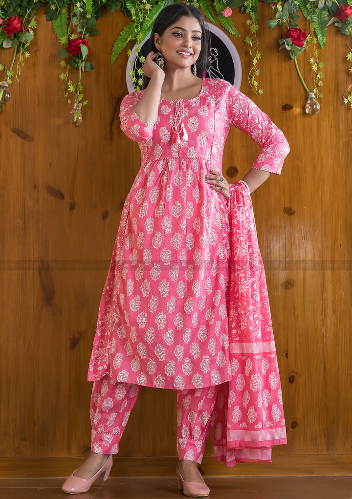 Blushing Pink  Cotton Afghani Kurti Set