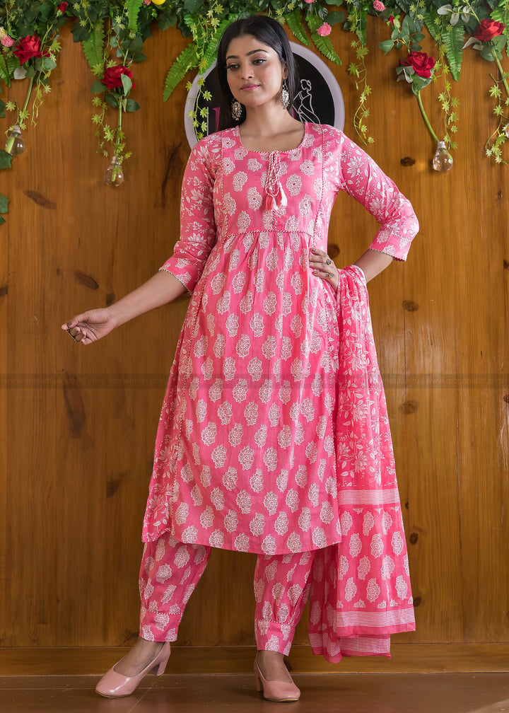 Blushing Pink  Cotton Afghani Kurti Set