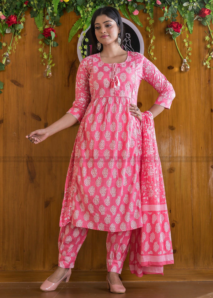 Blushing Pink Cotton Afghani Kurti Set – Monamaar