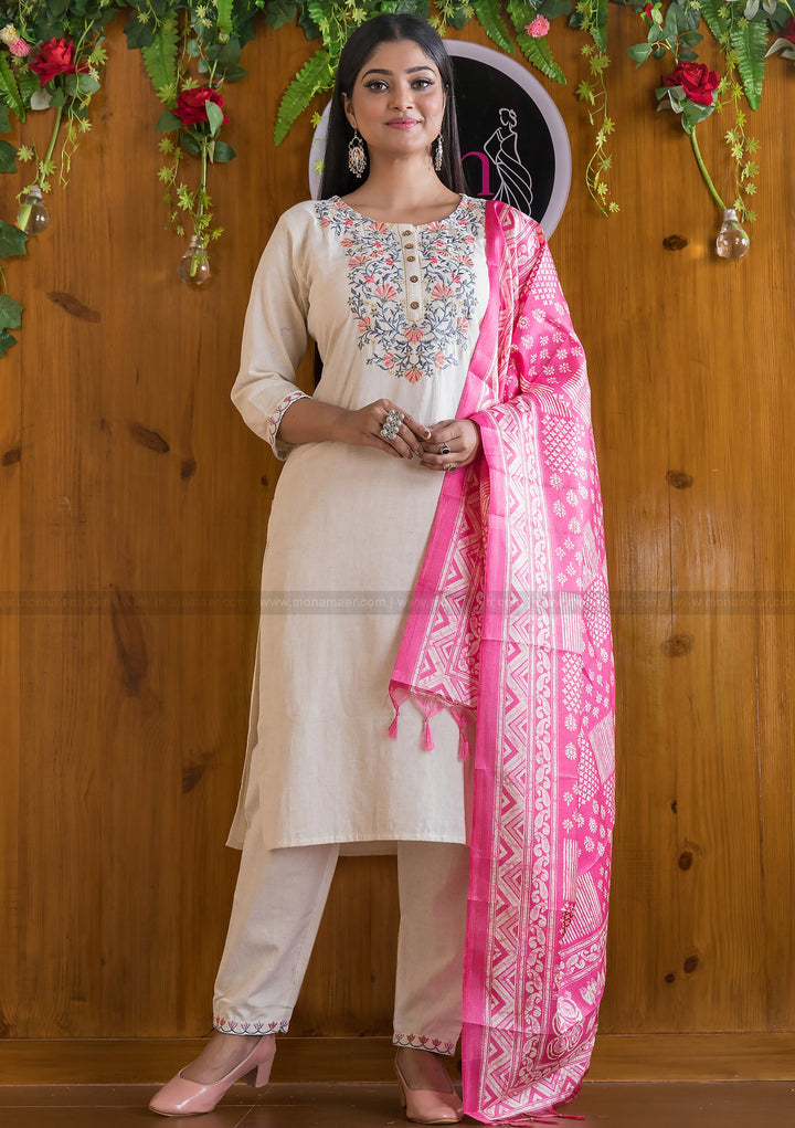 Quite White Cotton Jaipuri  Kurti Set