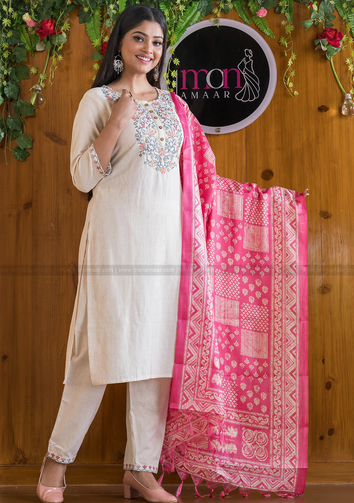 Quite White Cotton Jaipuri  Kurti Set