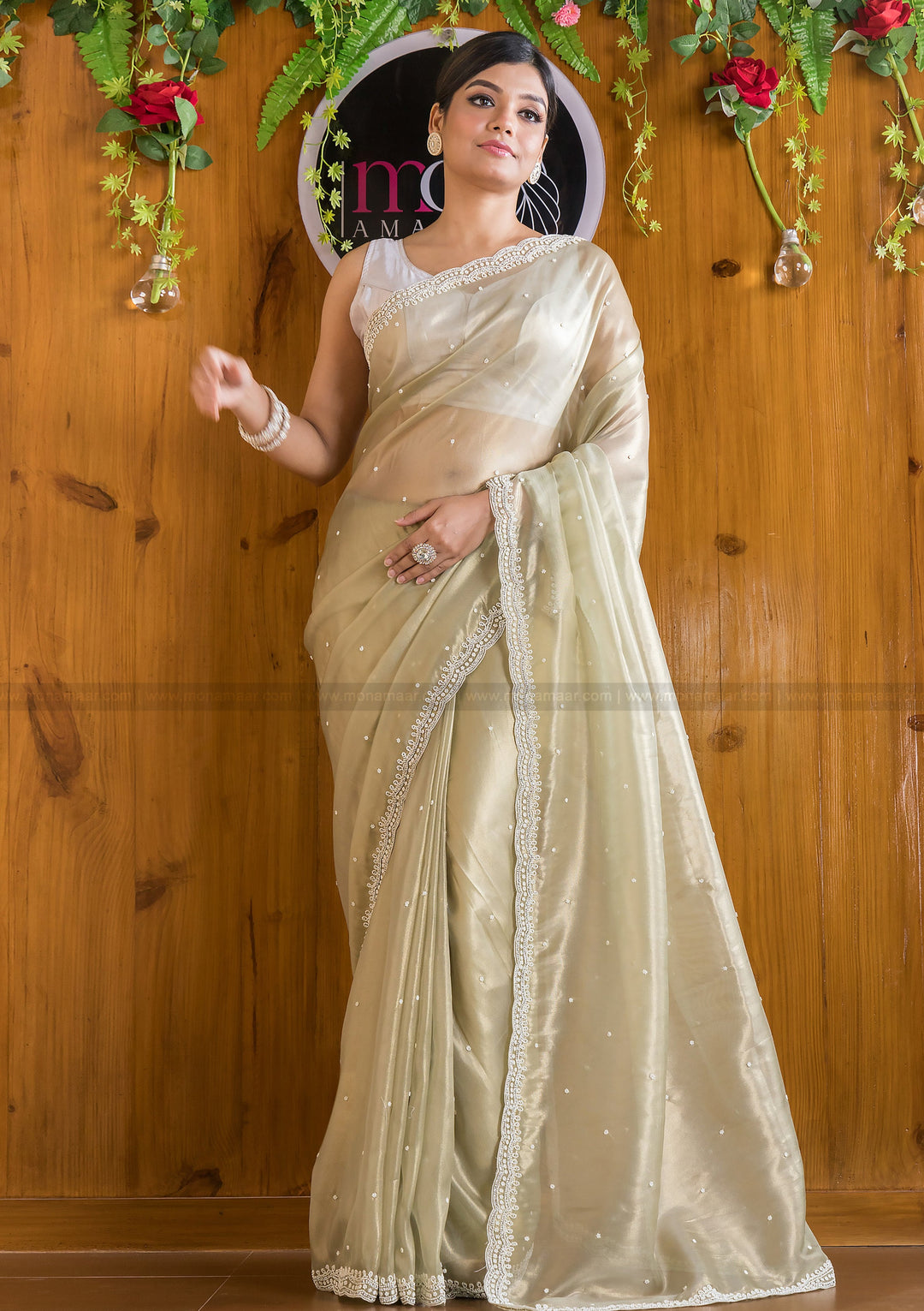 Mingle With Single Color Organza Saree(Tune Of Olive Green)