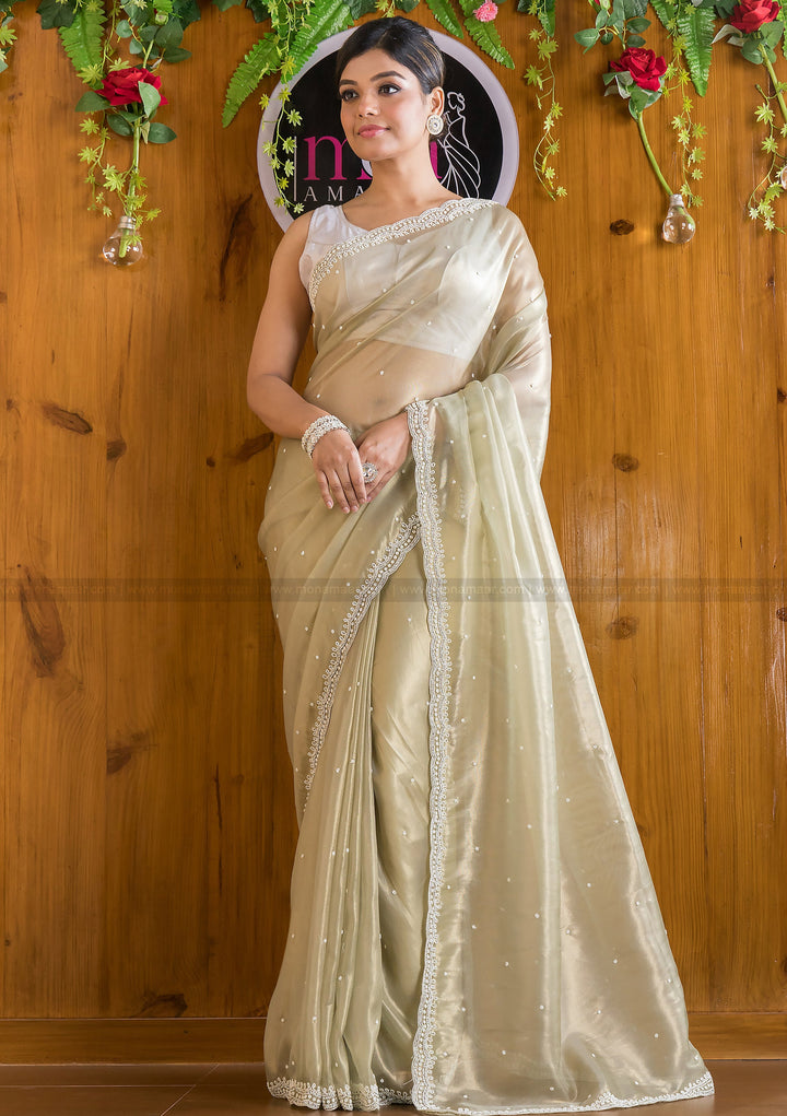 Mingle With Single Color Organza Saree(Tune Of Olive Green)