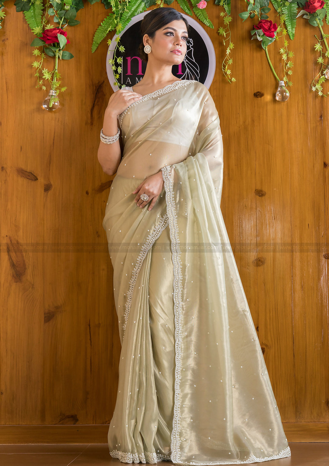 Mingle With Single Color Organza Saree(Tune Of Olive Green)