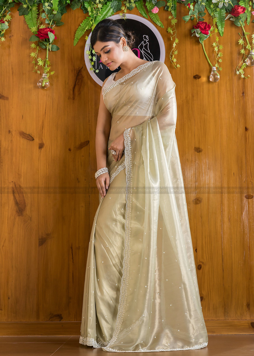 Mingle With Single Color Organza Saree(Tune Of Olive Green)