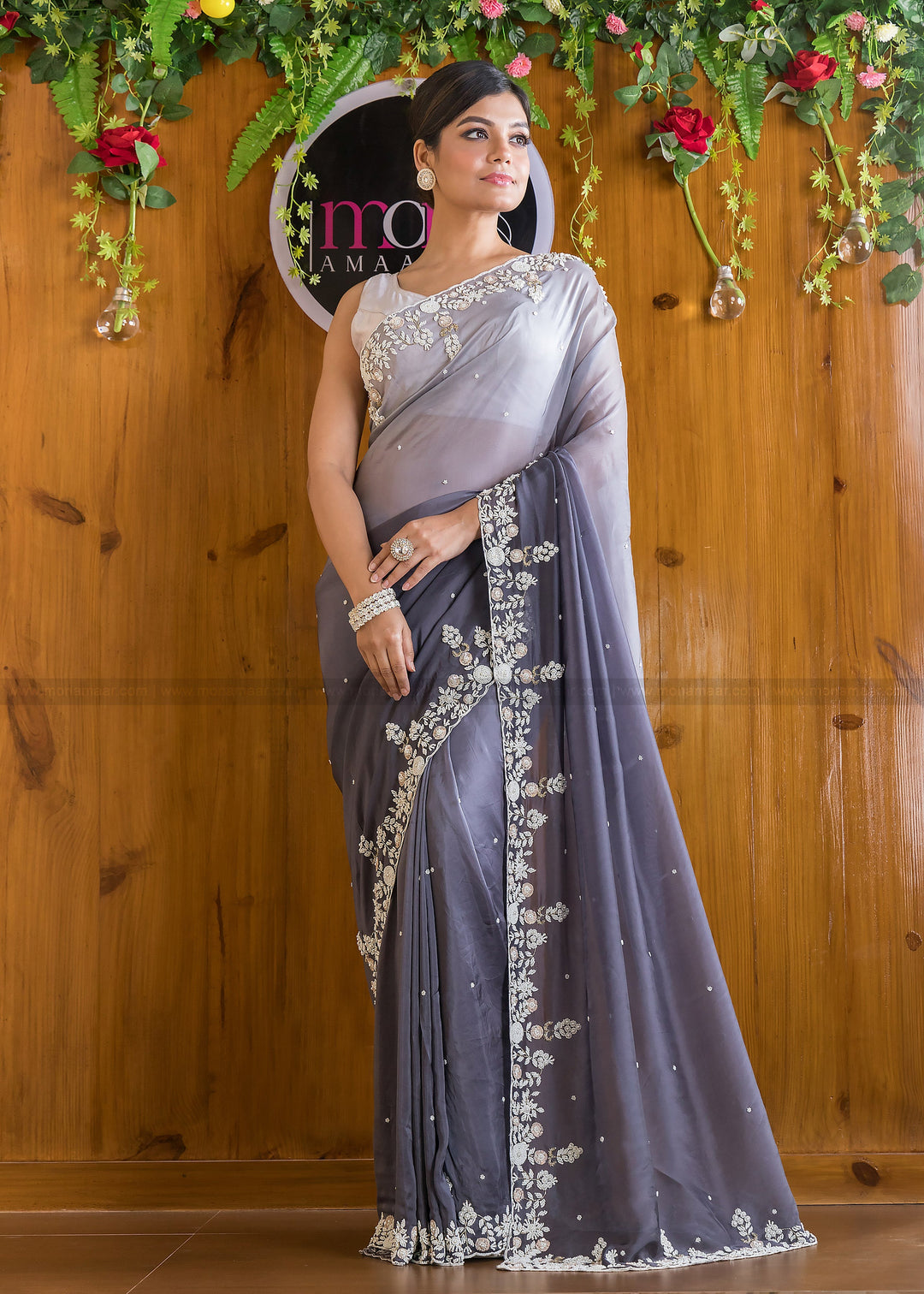 Ombre Color Party Wear Handwok (Nostalgic Gray )Saree