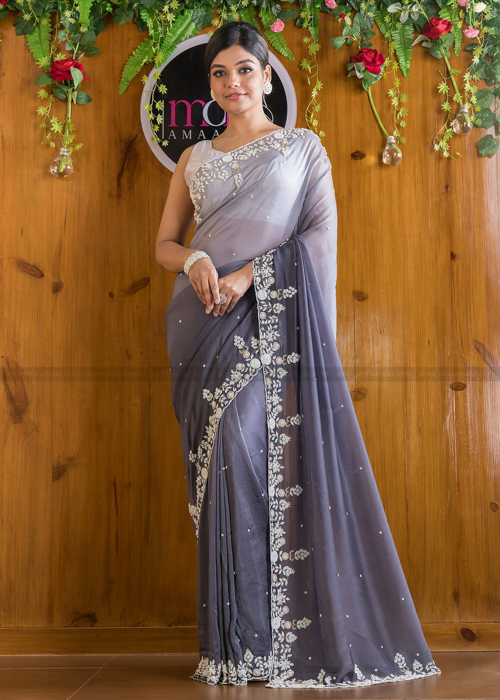 Ombre Color Party Wear Handwok (Nostalgic Gray )Saree