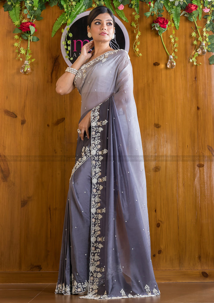 Ombre Color Party Wear Handwok (Nostalgic Gray )Saree