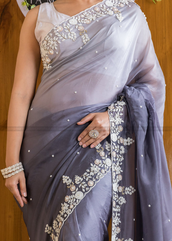 Ombre Color Party Wear Handwok (Nostalgic Gray )Saree