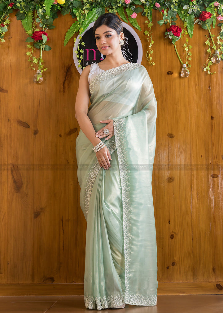 Mingle With Single Color Tissue Organza Saree(Powder Green)