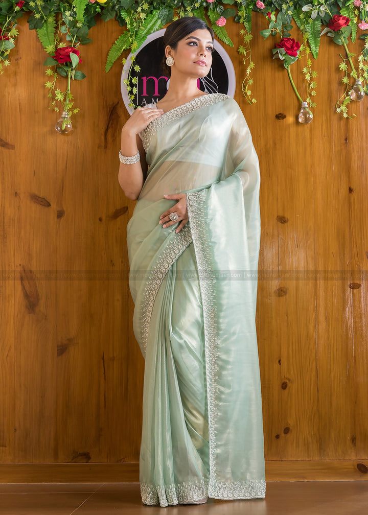 Mingle With Single Color Tissue Organza Saree(Powder Green)