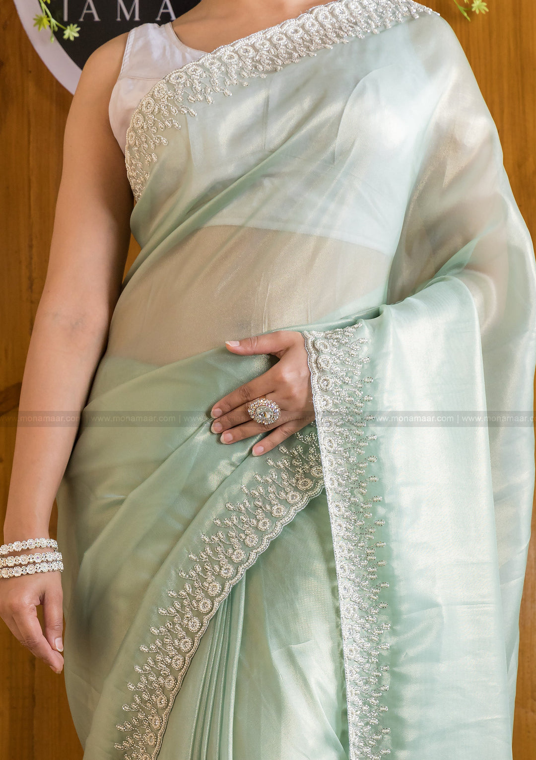 Mingle With Single Color Tissue Organza Saree(Powder Green)