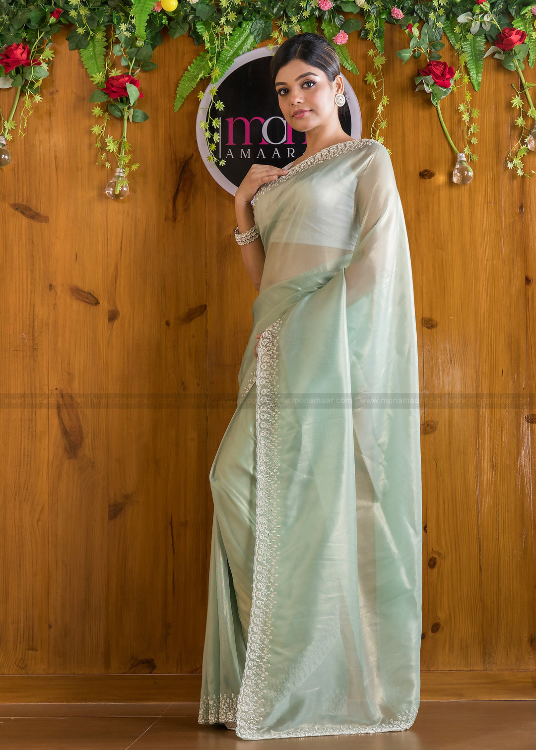 Mingle With Single Color Tissue Organza Saree(Powder Green)