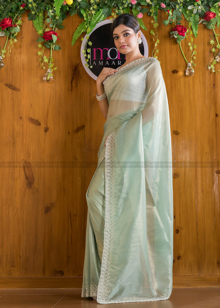 Mingle With Single Color Tissue Organza Saree(Powder Green)