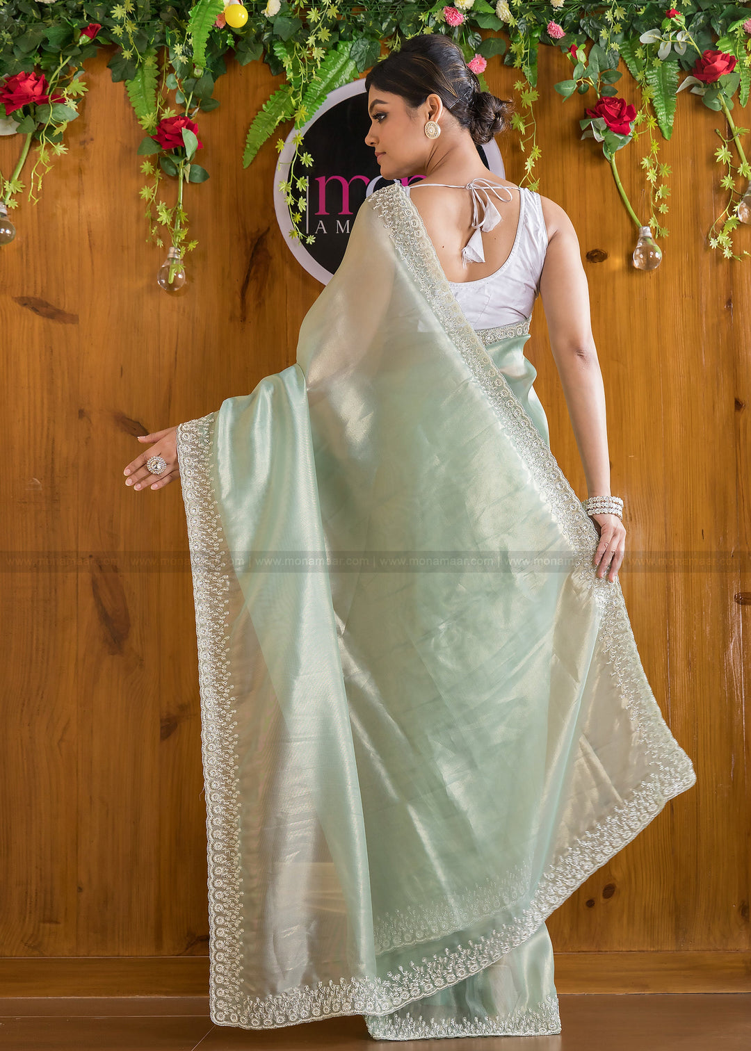 Mingle With Single Color Tissue Organza Saree(Powder Green)