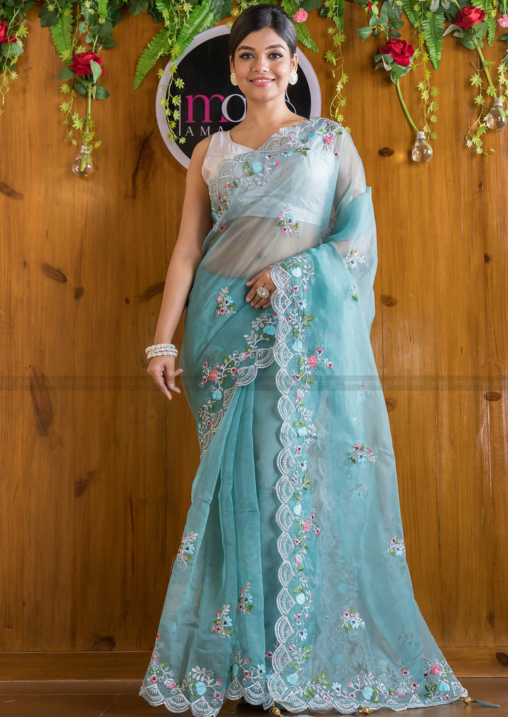 Aquamarine Organza silk saree