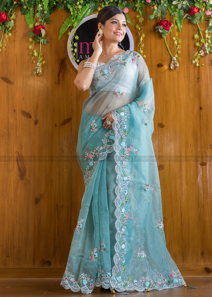 Aquamarine Organza silk saree