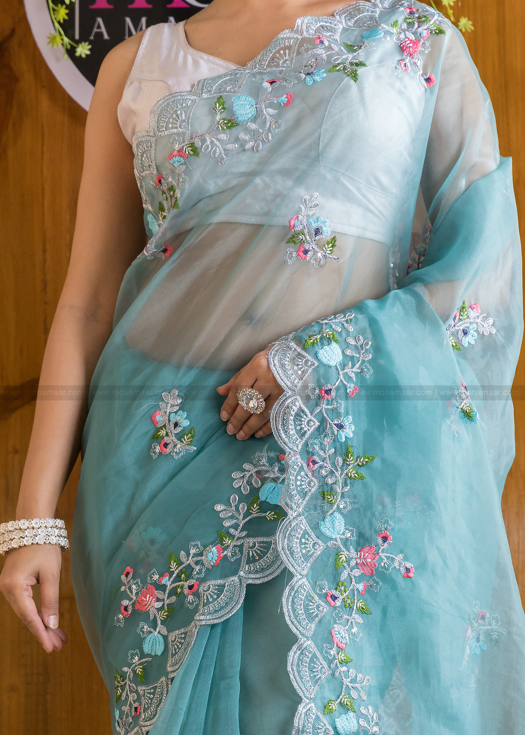 Aquamarine Organza silk saree