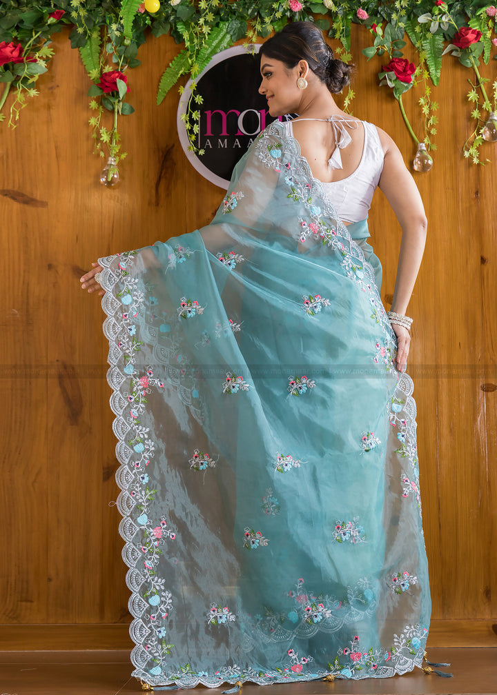 Aquamarine Organza silk saree