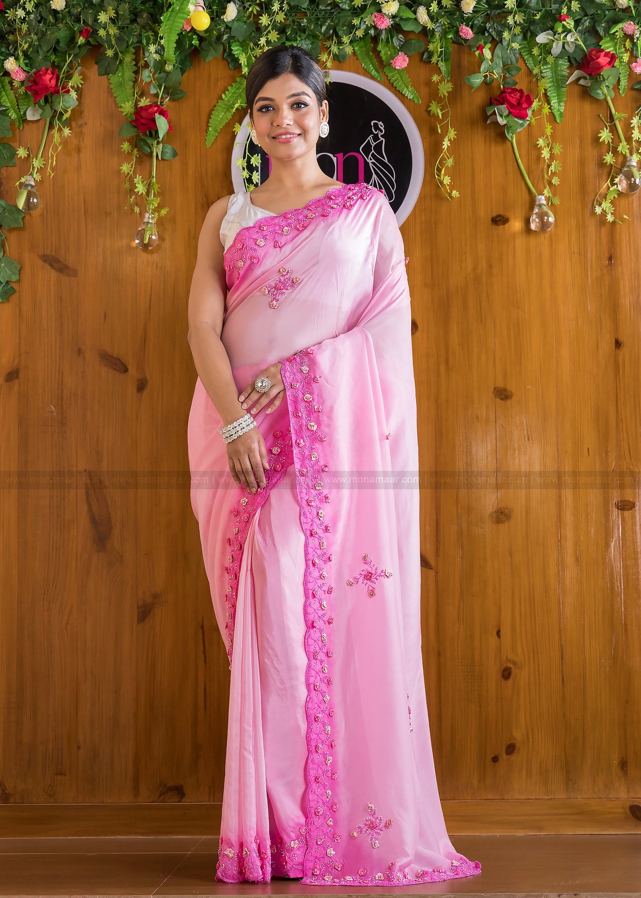 Off-White Linen Saree with Pink Blouse and Pallu - RawaazFashion
