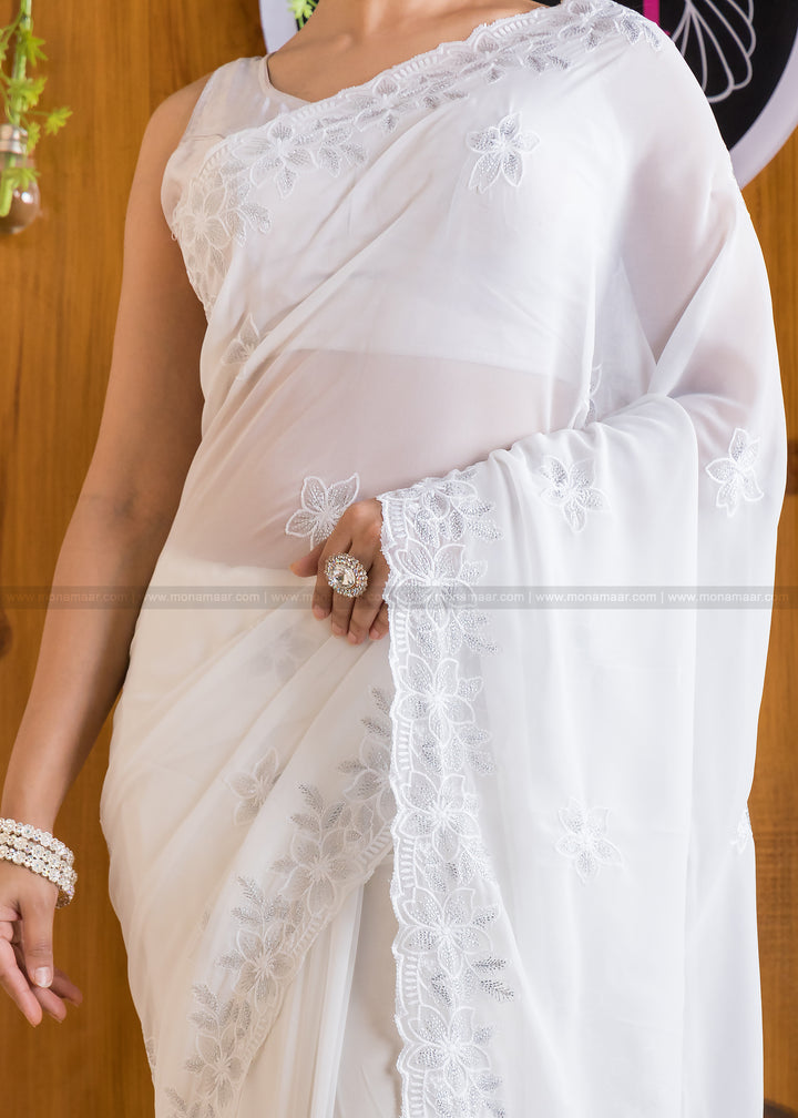 Designer White Sparkle Georgette silk saree