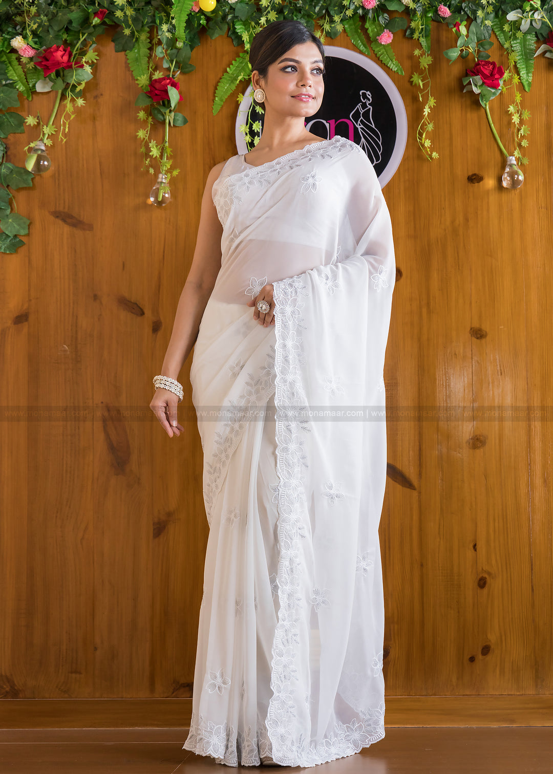 Designer White Sparkle Georgette silk saree