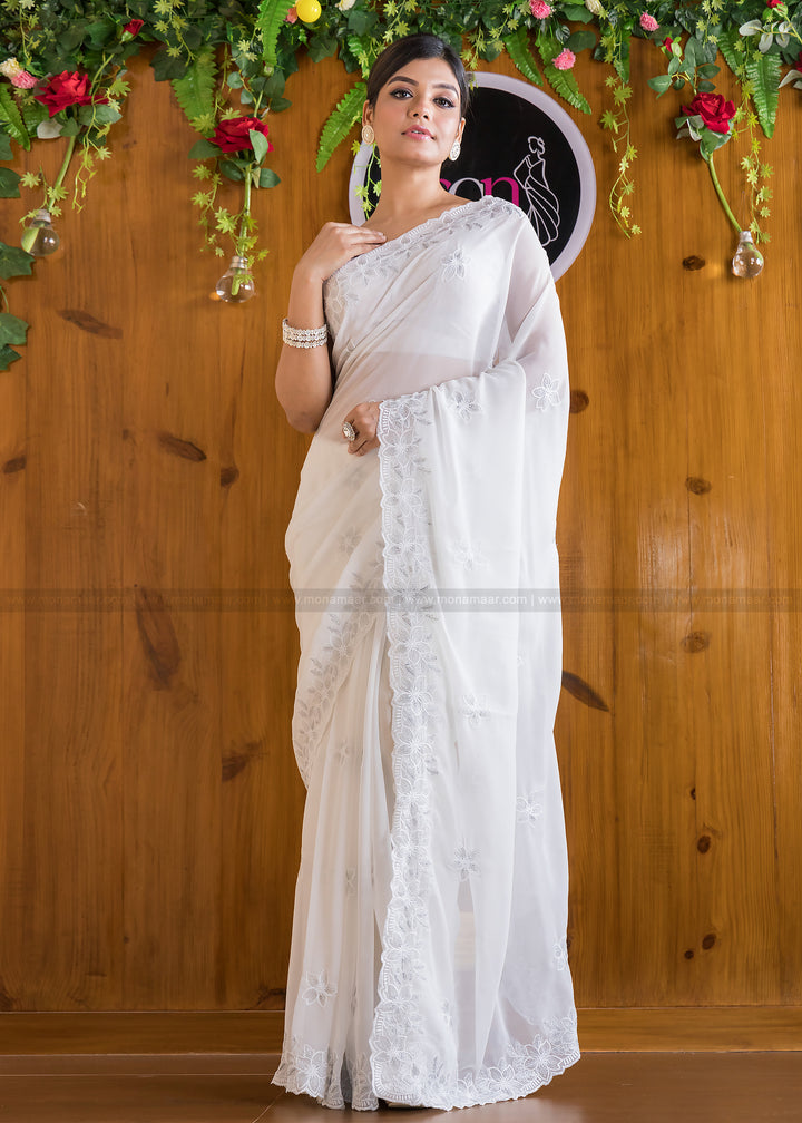 Designer White Sparkle Georgette silk saree