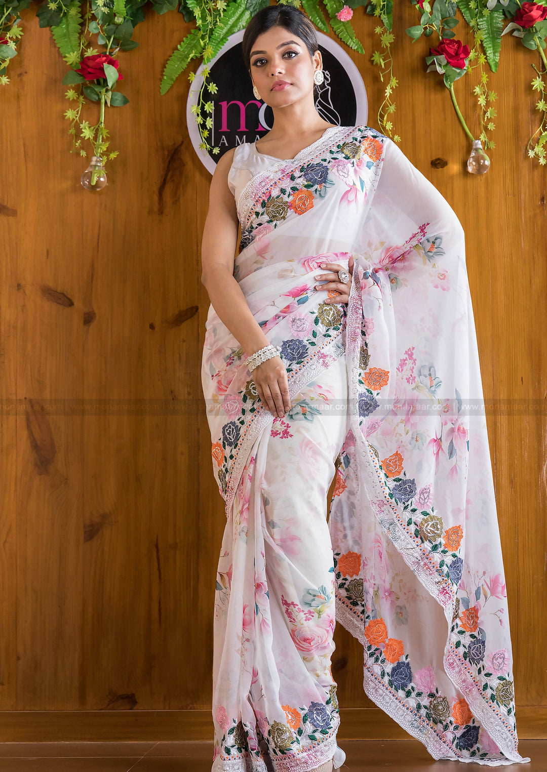 Designer White Rose Georgette silk saree