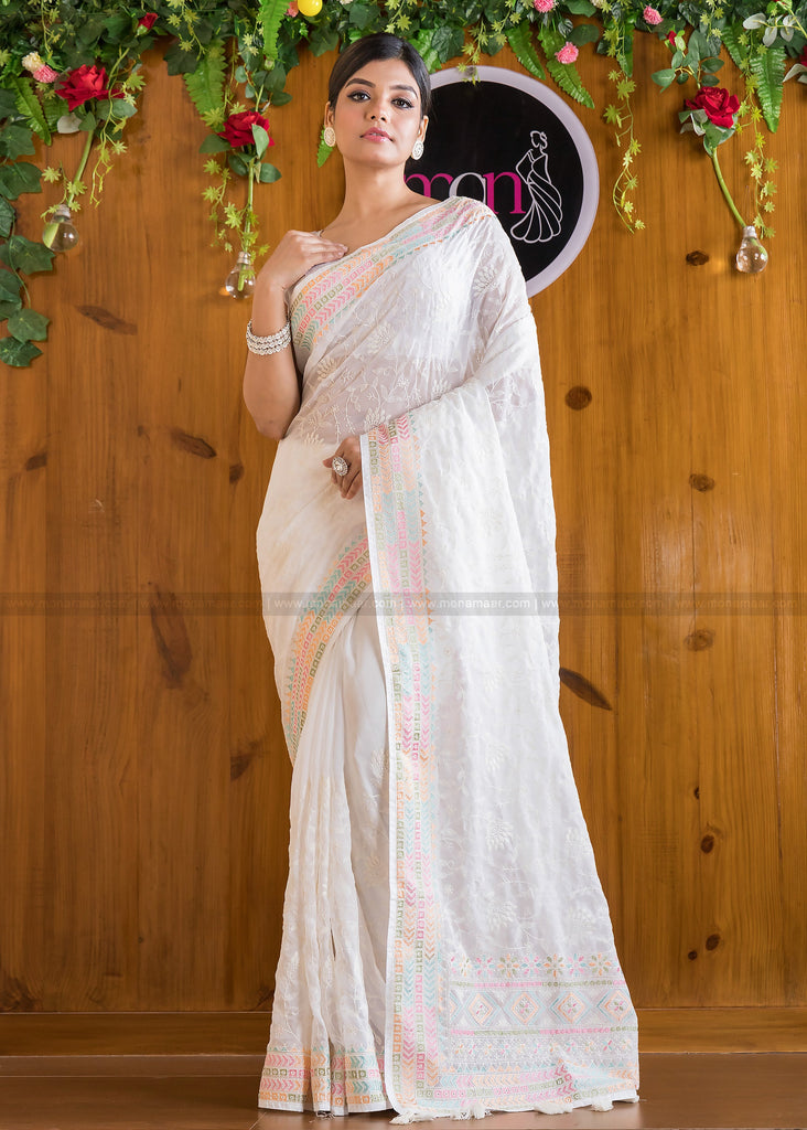 Bonus Of Embroidery Georgette (Famous In White)Saree