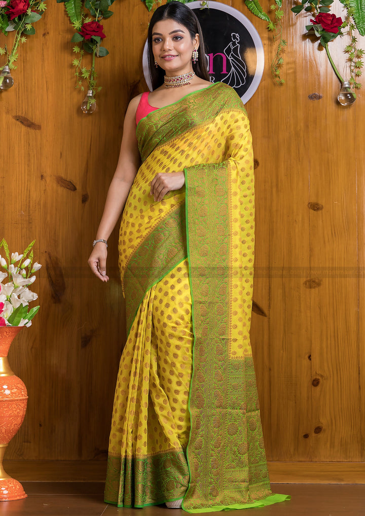 Amalgamation Of Yellow & Green Banarasi Saree