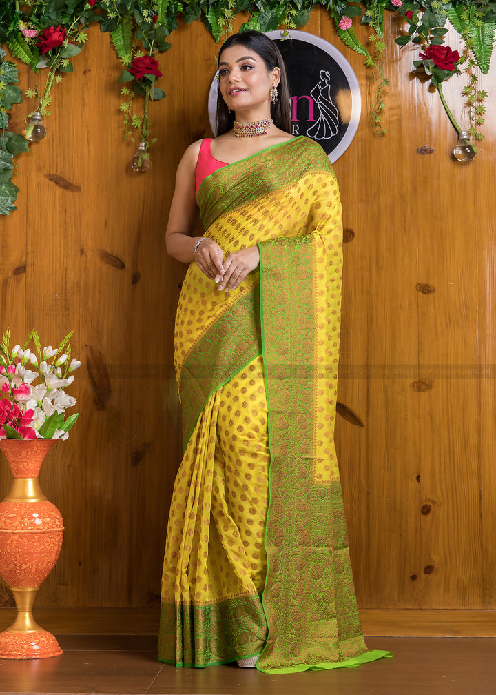 Amalgamation Of Yellow & Green Banarasi Saree