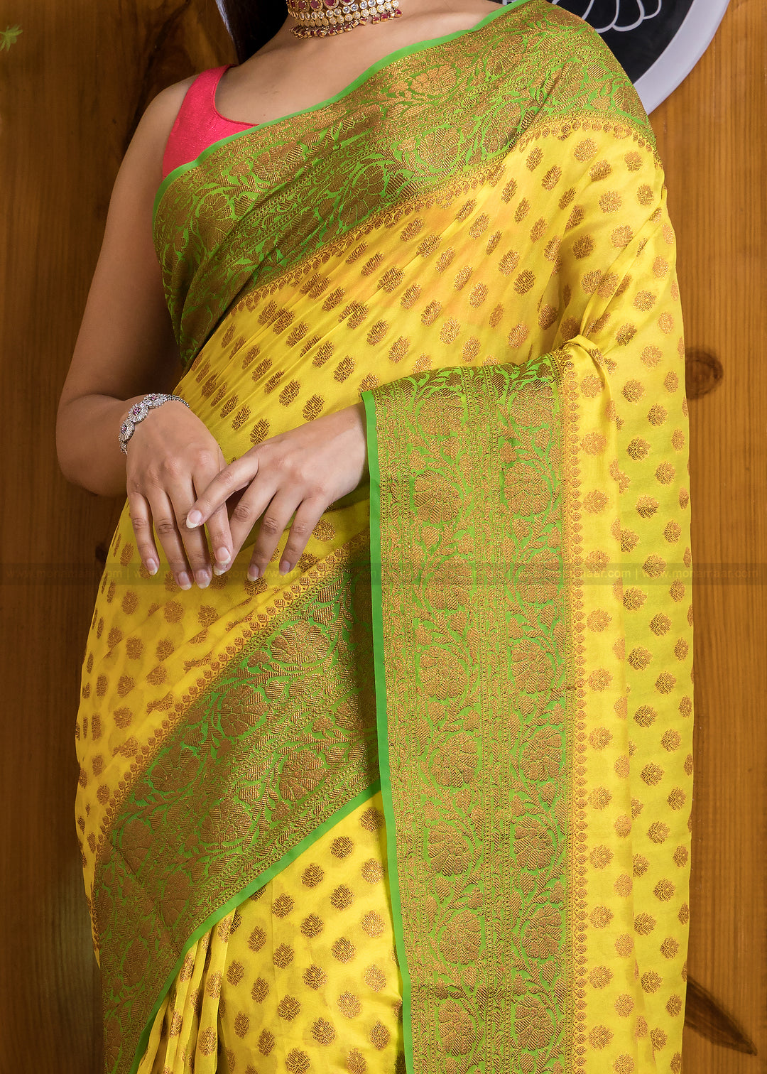 Amalgamation Of Yellow & Green Banarasi Saree