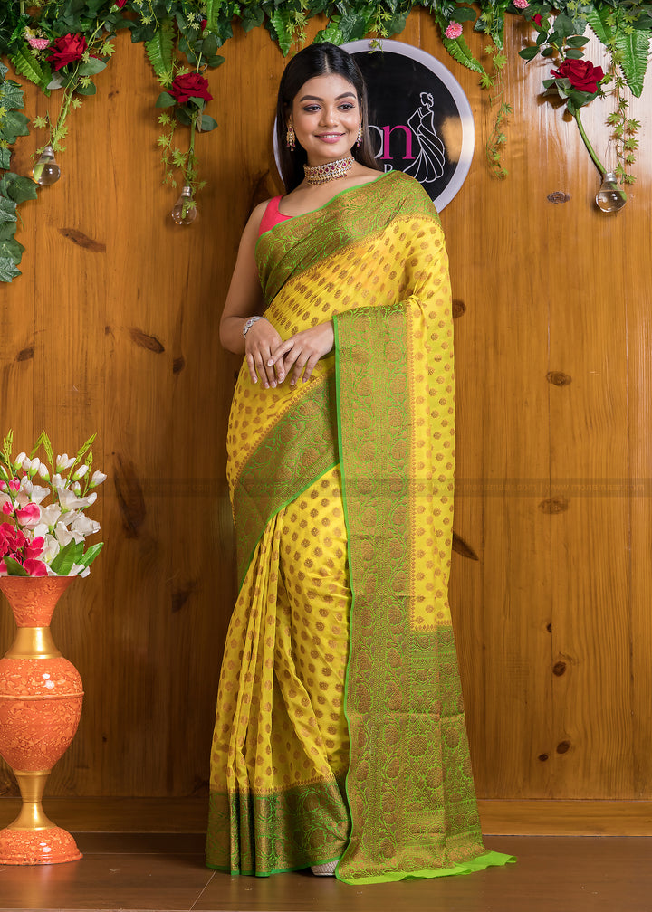 Amalgamation Of Yellow & Green Banarasi Saree