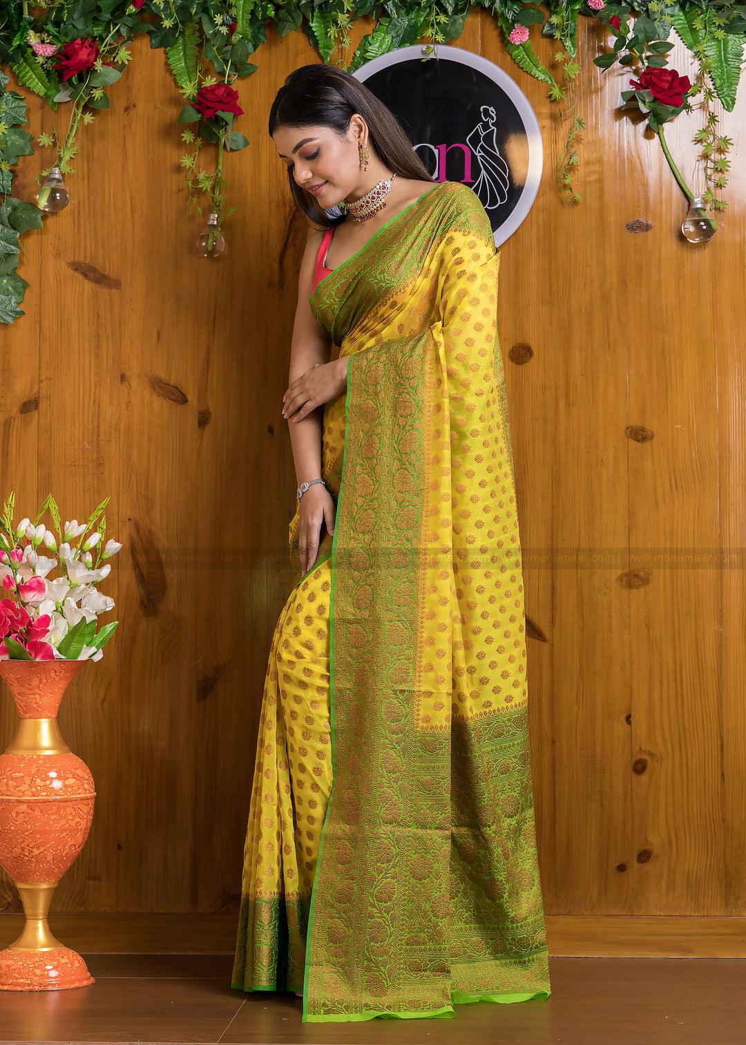 Amalgamation Of Yellow & Green Banarasi Saree