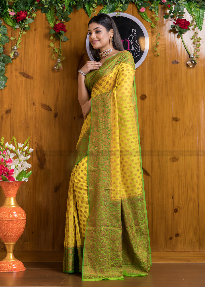 Amalgamation Of Yellow & Green Banarasi Saree