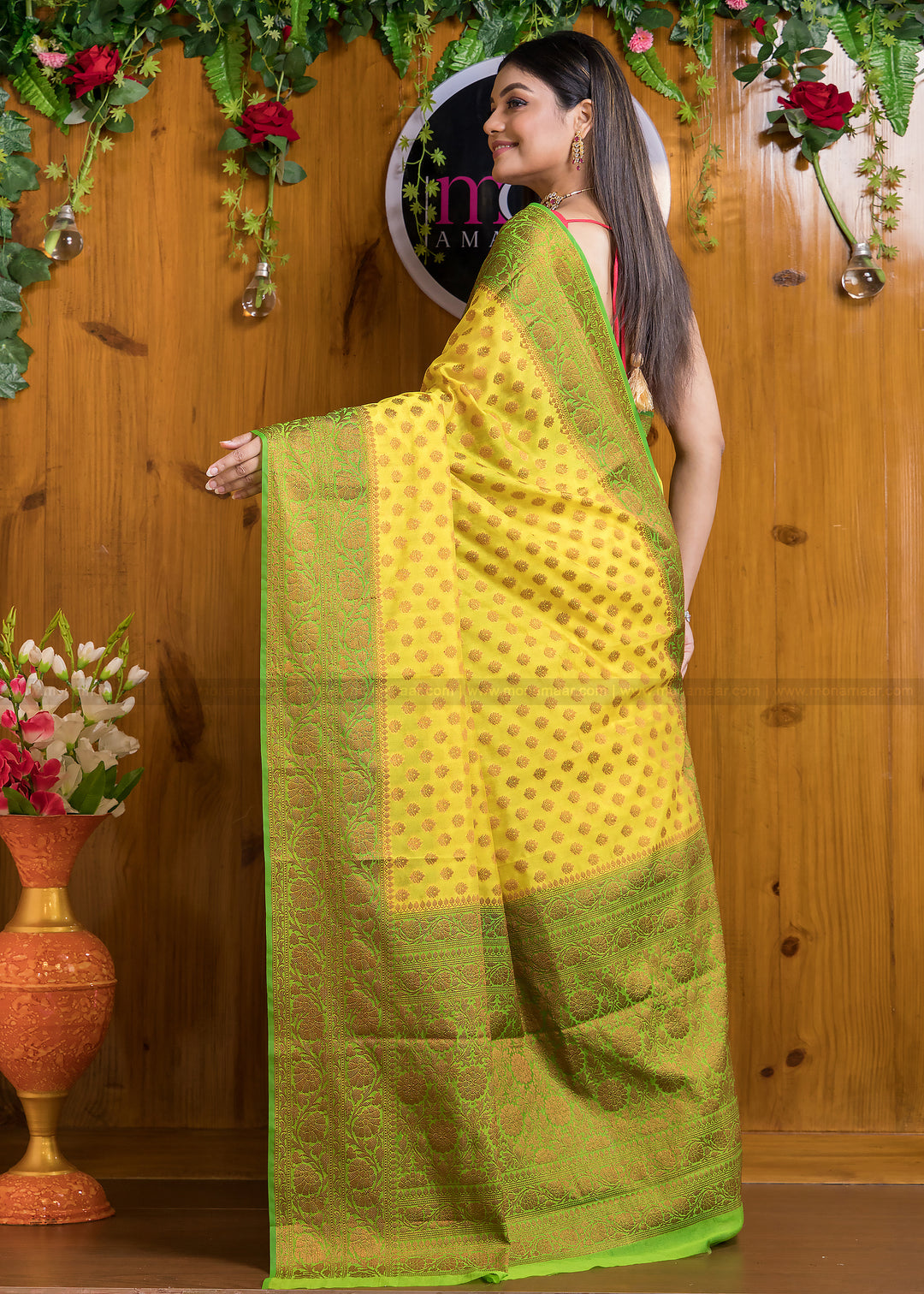 Amalgamation Of Yellow & Green Banarasi Saree