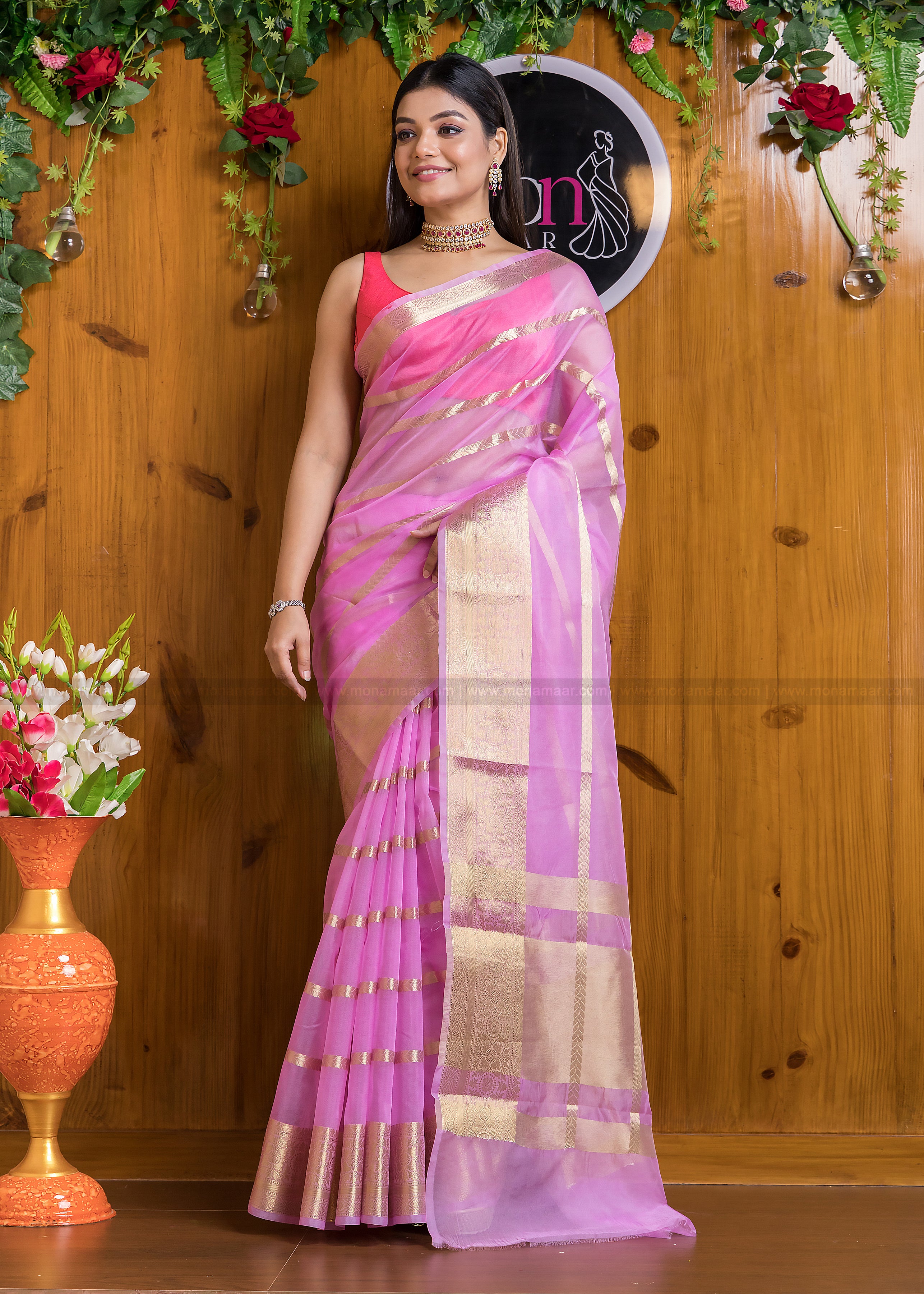 Saree mall Magenta Ethnic Motifs Zari Organza Banarasi Sarees - Absolutely  Desi