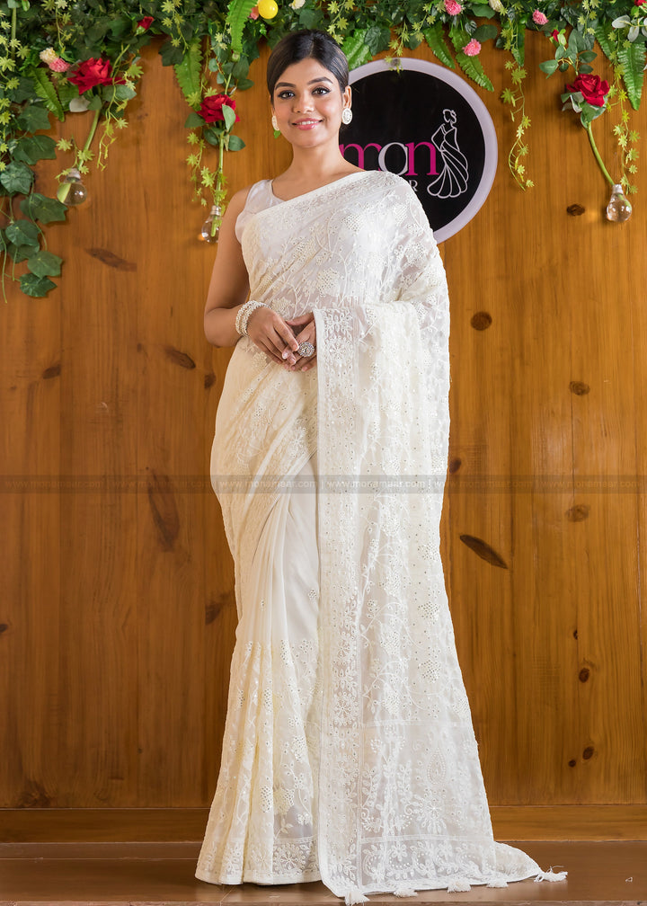 Omega white Single color Georgette Saree