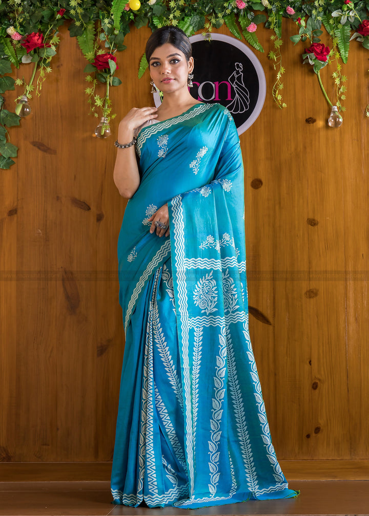 When Tradition Meets Composition Of Blue (Katan Silk)Saree