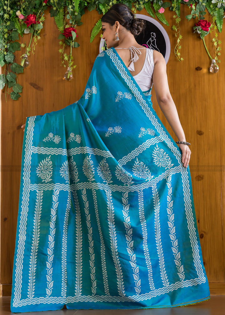 When Tradition Meets Composition Of Blue (Katan Silk)Saree