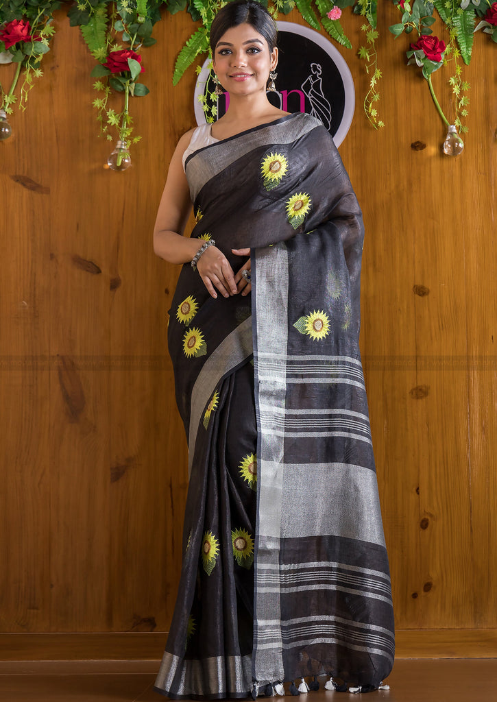 Exclusive Pure Handwoven Sunflower Embroidered Linen Saree
