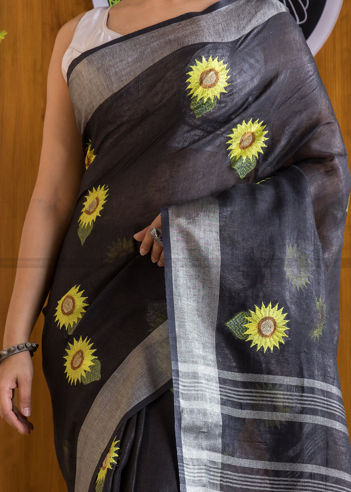 Exclusive Pure Handwoven Sunflower Embroidered Linen Saree