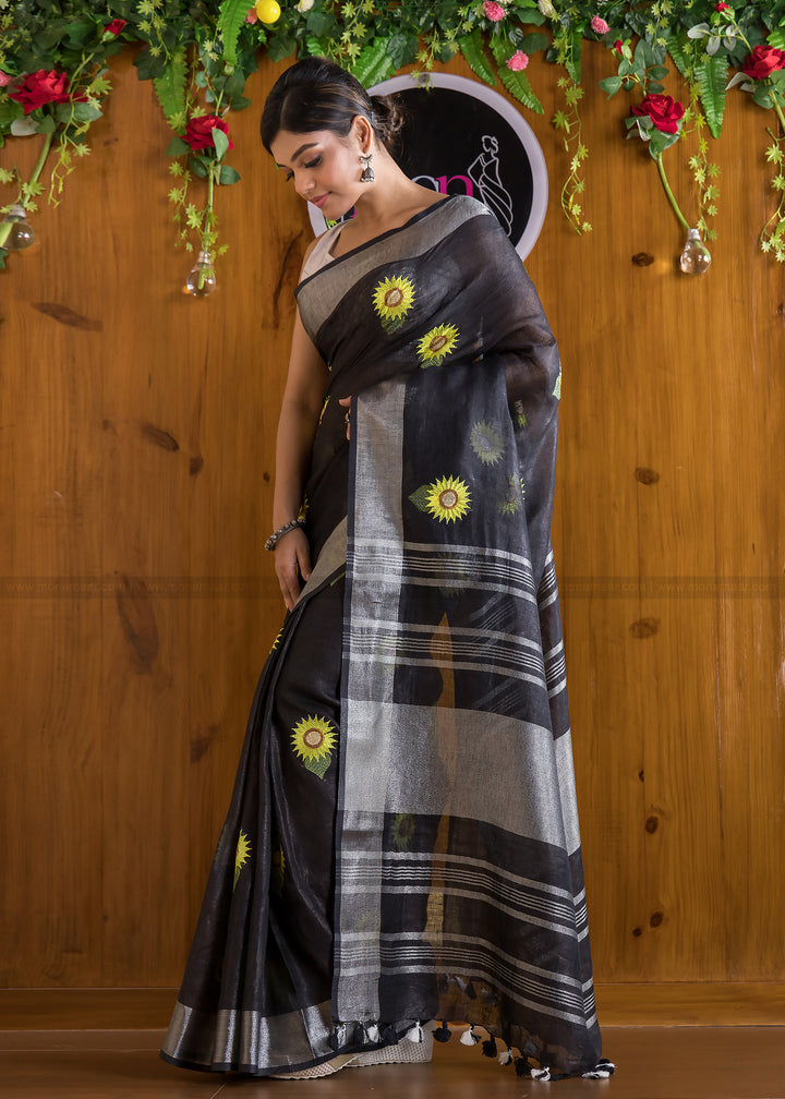 Exclusive Pure Handwoven Sunflower Embroidered Linen Saree