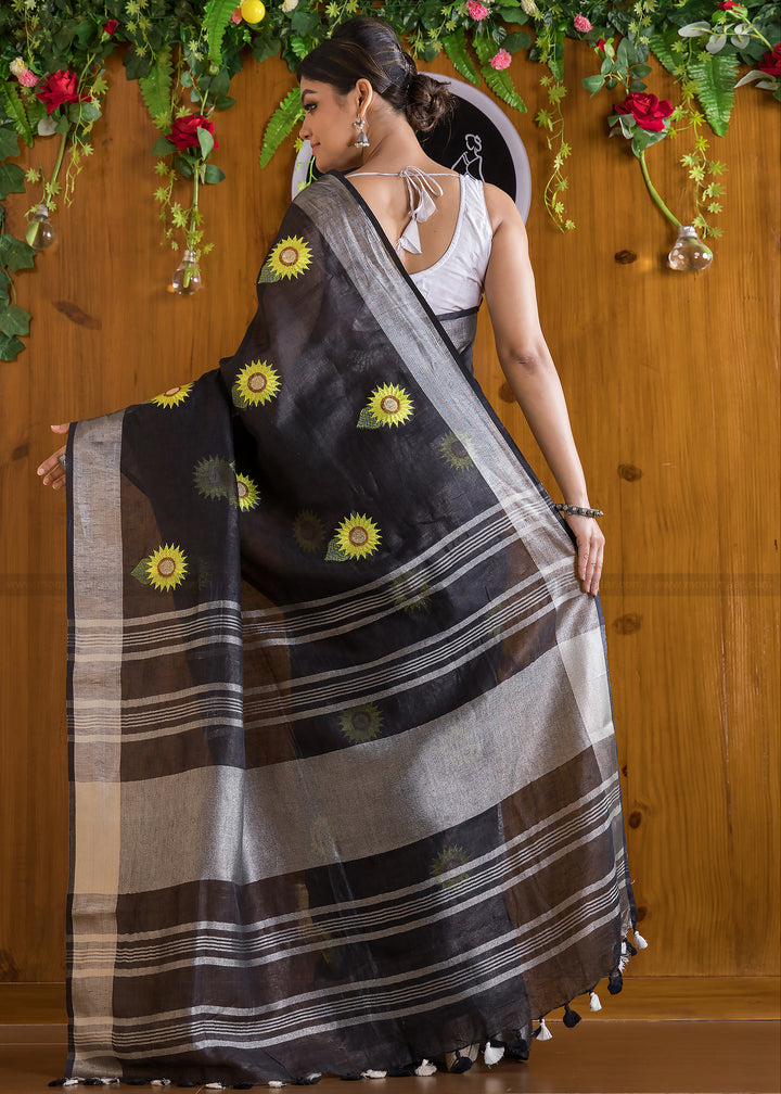 Exclusive Pure Handwoven Sunflower Embroidered Linen Saree