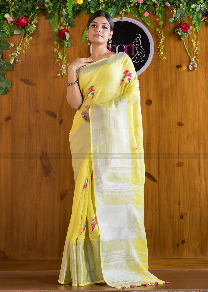 Exclusive Pure Handwoven Parrot Embroidered Linen Saree