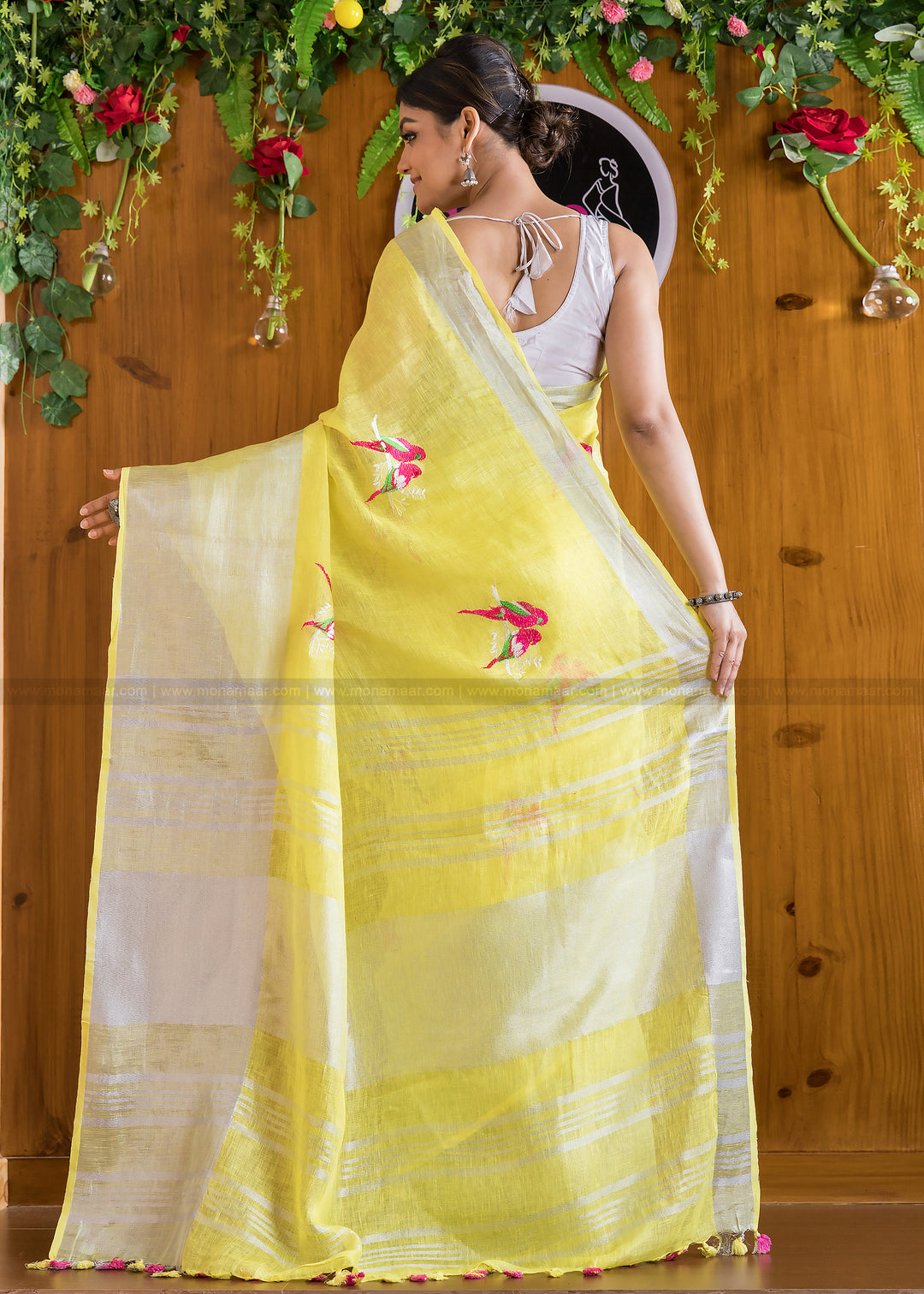 Exclusive Pure Handwoven Parrot Embroidered Linen Saree